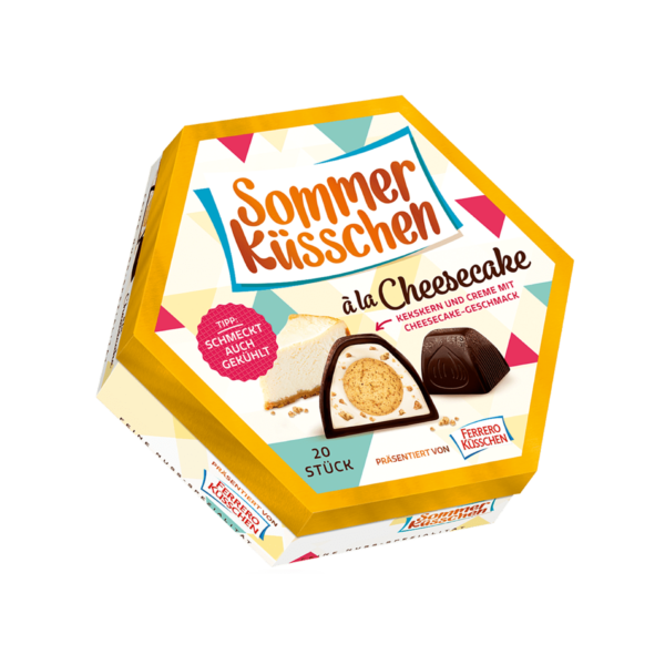 Sommerliche Küsschen-Edition mit Ferrero. Sechseckige Verpackung mit gelbem Design